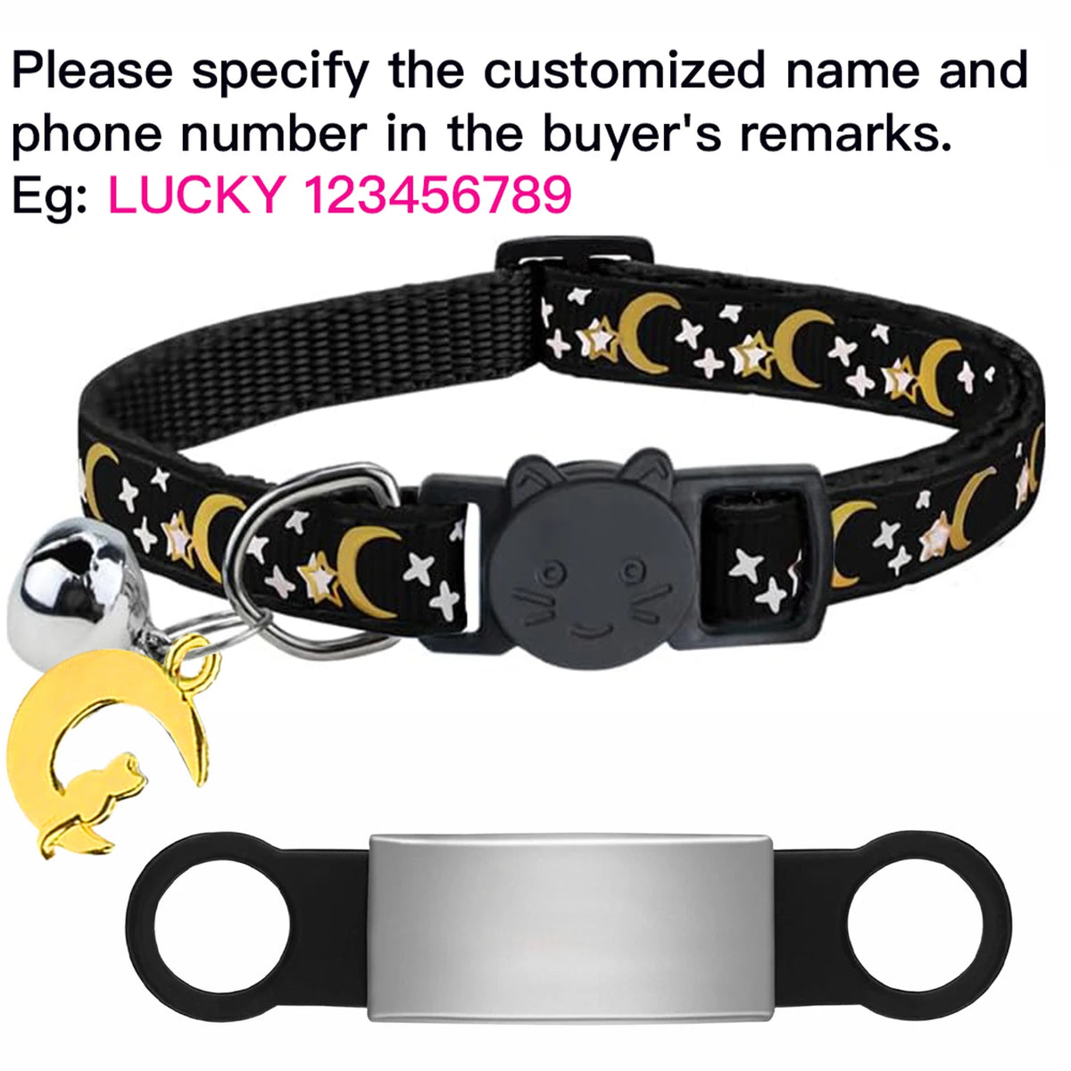 Custom Glow Cat Collar Free Engraved Anti‑Lost Pet ID Nameplate Necklace With Bell Moon Charm For Puppy Kitten Personalized Pet Safety Accessory Supply