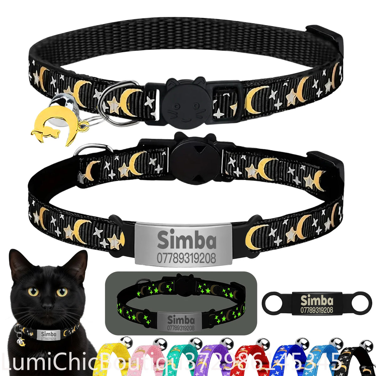 Custom Glow Cat Collar Free Engraved Anti‑Lost Pet ID Nameplate Necklace With Bell Moon Charm For Puppy Kitten Personalized Pet Safety Accessory Supply