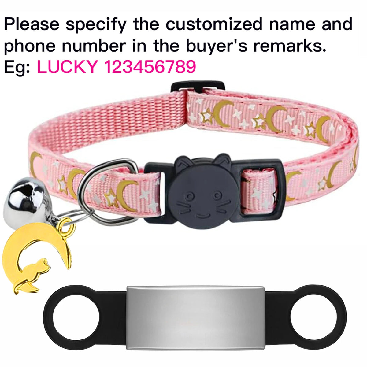 Custom Glow Cat Collar Free Engraved Anti‑Lost Pet ID Nameplate Necklace With Bell Moon Charm For Puppy Kitten Personalized Pet Safety Accessory Supply