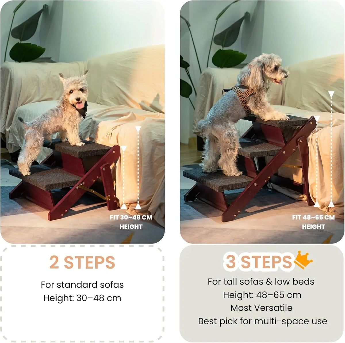 Pet Stairs/Pet Steps - 3-in-1 Foldable Stairs & Ramp for Beds and Cars - Portable Dog/Cat Ladder Up to 220 Pounds - Great for Small and Older Animals(Brown)