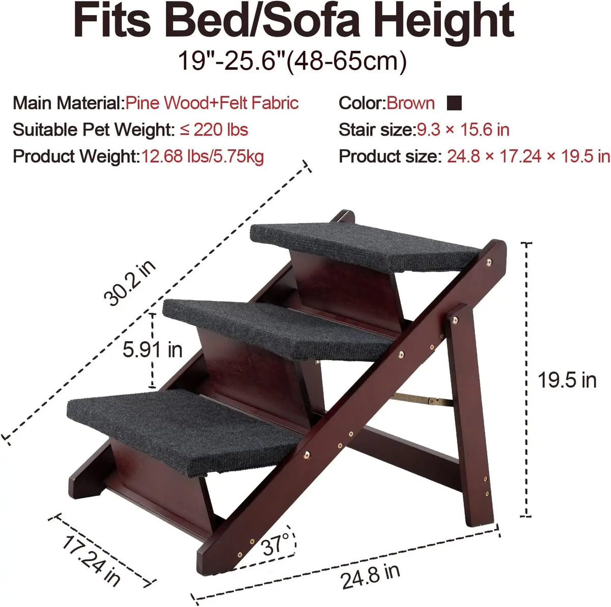 Pet Stairs/Pet Steps - 3-in-1 Foldable Stairs & Ramp for Beds and Cars - Portable Dog/Cat Ladder Up to 220 Pounds - Great for Small and Older Animals(Brown)