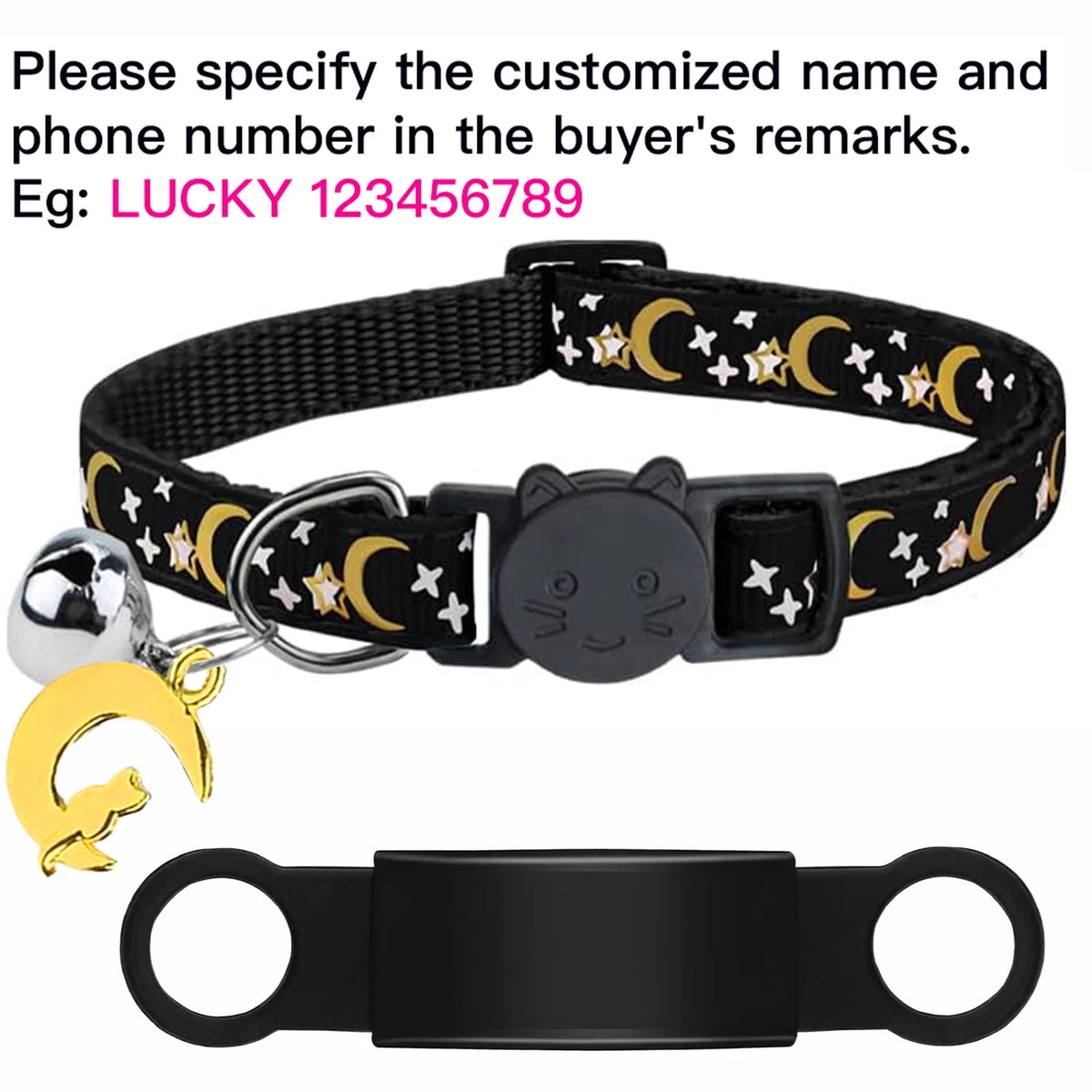 Custom Glow Cat Collar Free Engraved Anti‑Lost Pet ID Nameplate Necklace With Bell Moon Charm For Puppy Kitten Personalized Pet Safety Accessory Supply