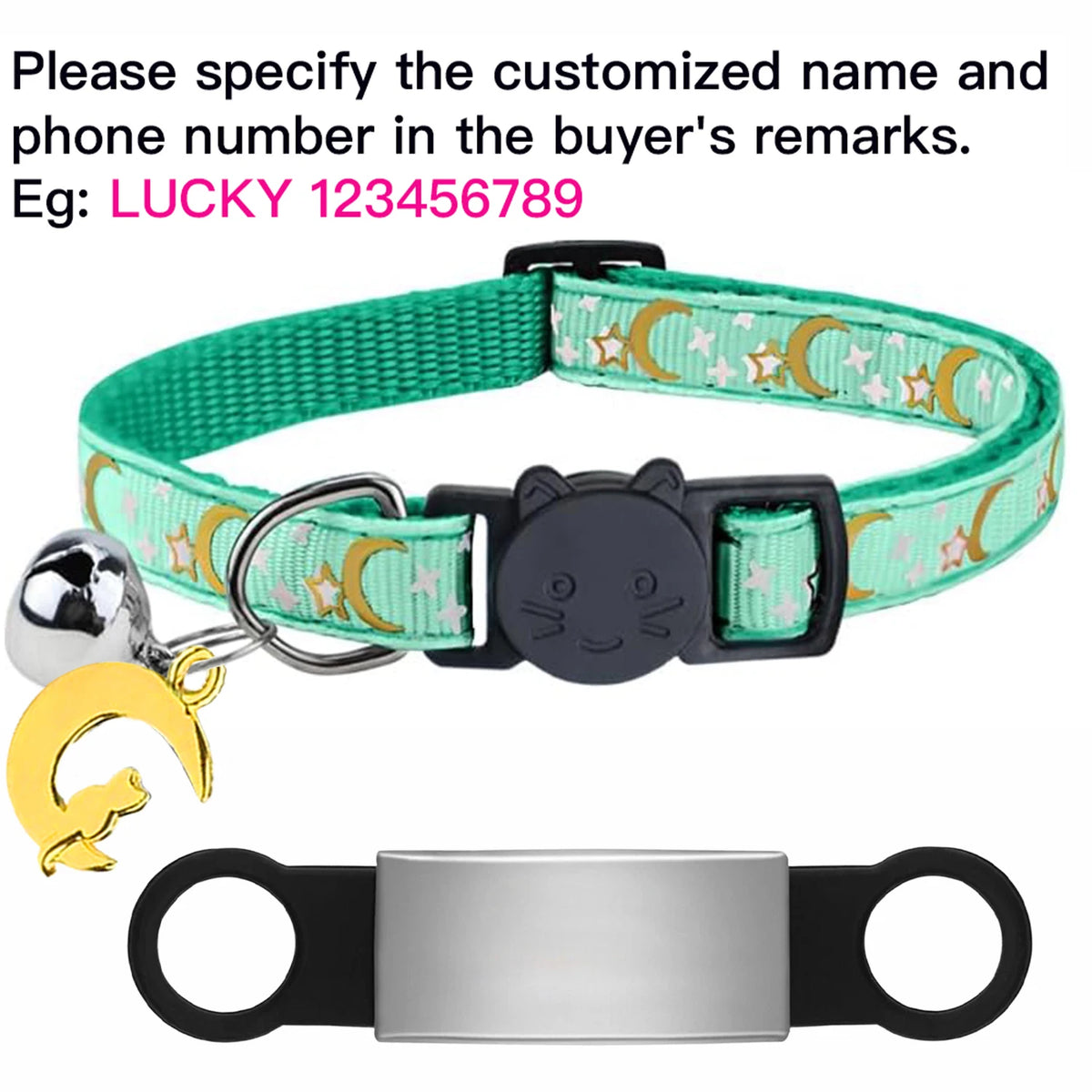 Custom Glow Cat Collar Free Engraved Anti‑Lost Pet ID Nameplate Necklace With Bell Moon Charm For Puppy Kitten Personalized Pet Safety Accessory Supply