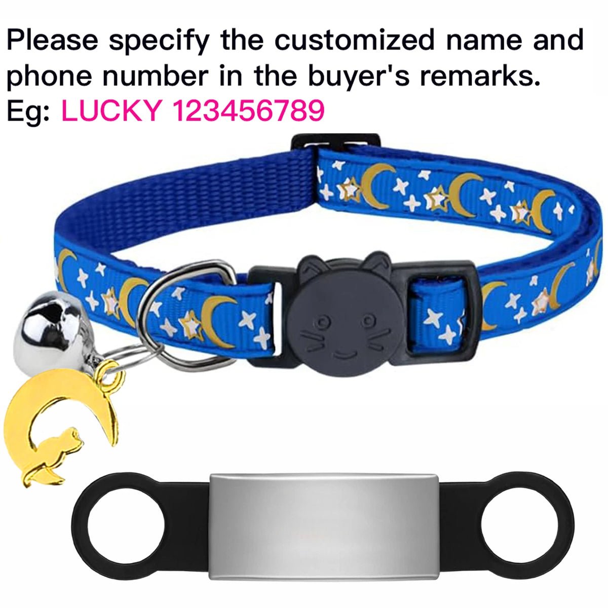 Custom Glow Cat Collar Free Engraved Anti‑Lost Pet ID Nameplate Necklace With Bell Moon Charm For Puppy Kitten Personalized Pet Safety Accessory Supply