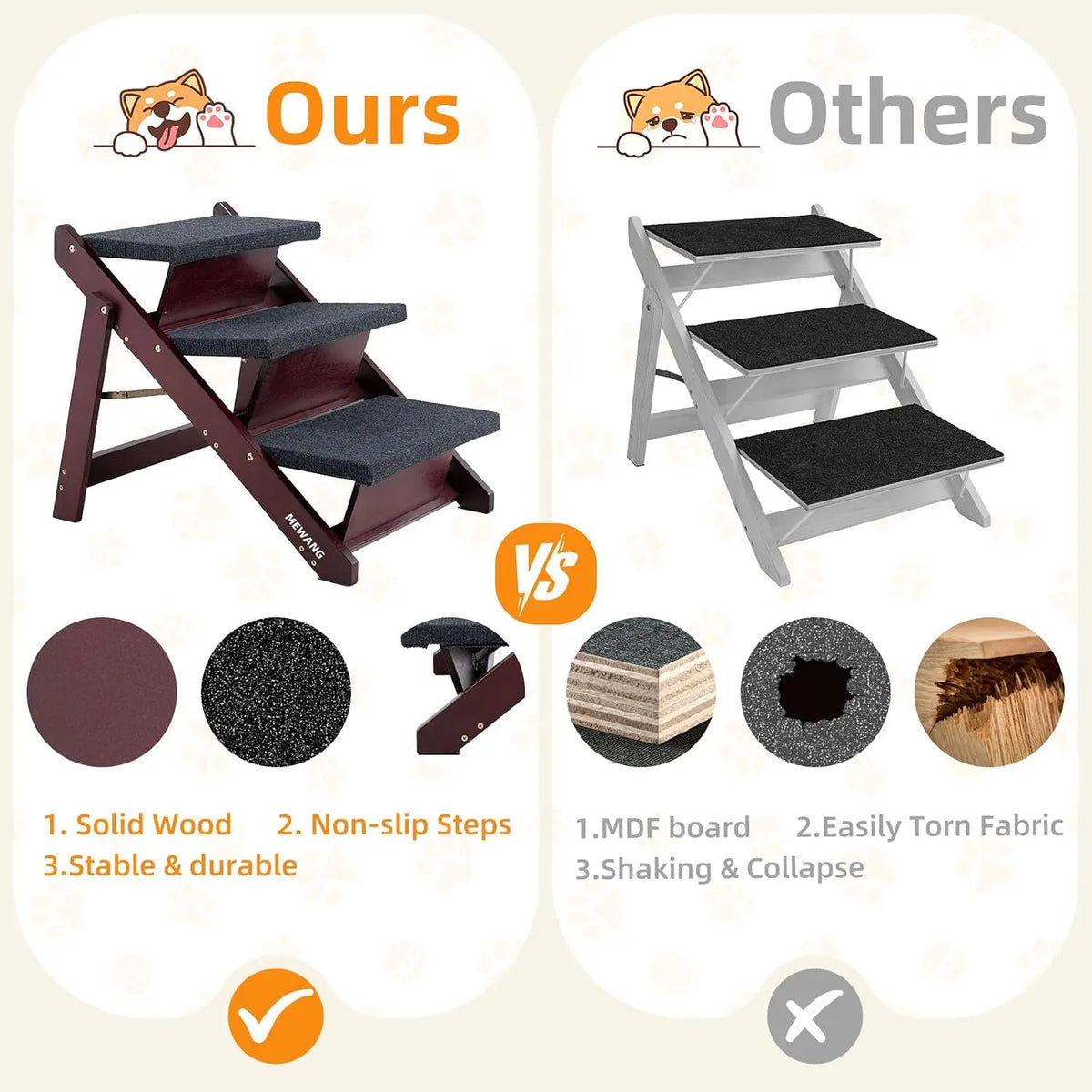 Pet Stairs/Pet Steps - 3-in-1 Foldable Stairs & Ramp for Beds and Cars - Portable Dog/Cat Ladder Up to 220 Pounds - Great for Small and Older Animals(Brown)