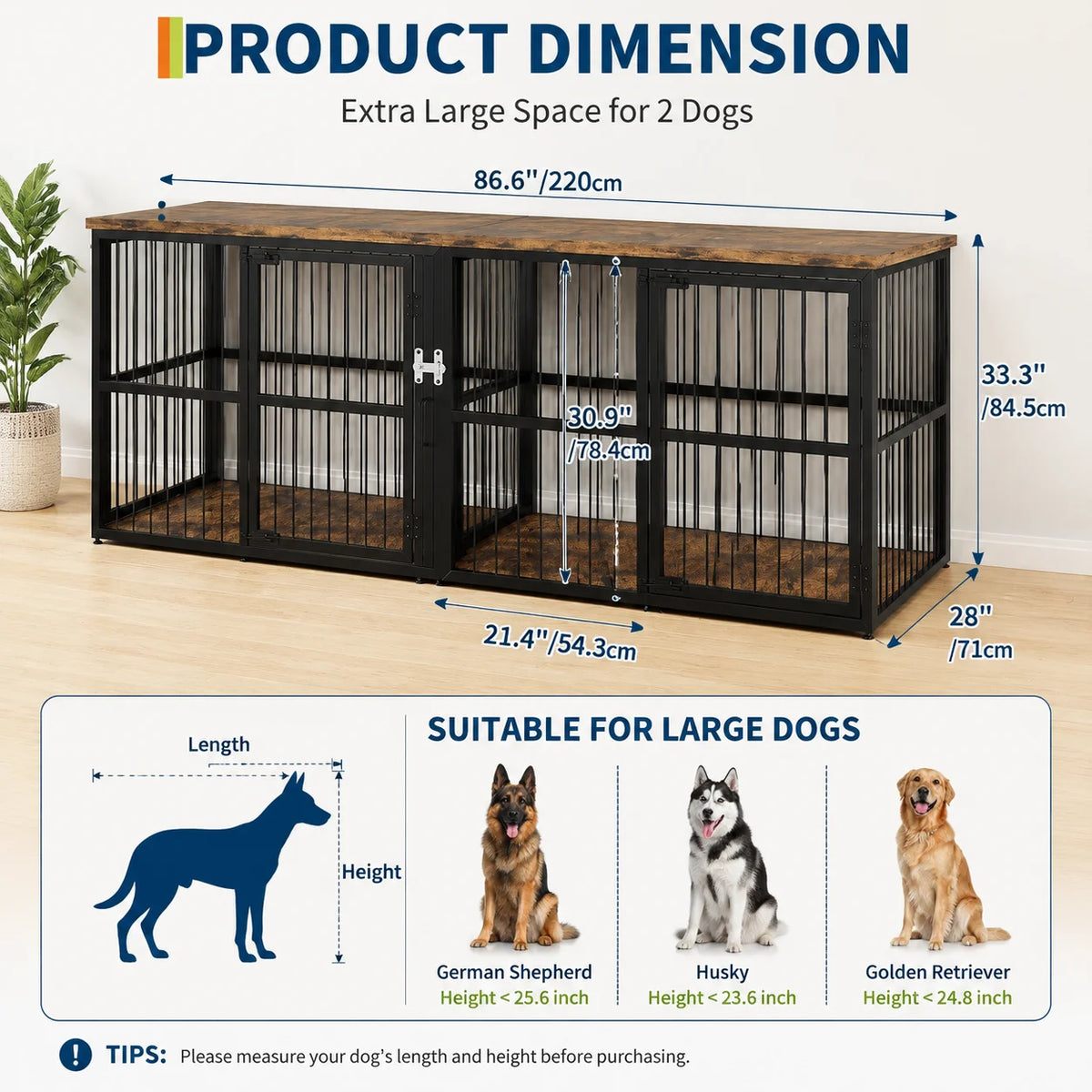 87 Inch Extra Large Double Dog Crate Furniture with Divider 3 Doors Heavy Duty Wooden Indoor Dog Kennel Cabinet TV Stand for 2 Dogs Lockable Pet House with Storage Table