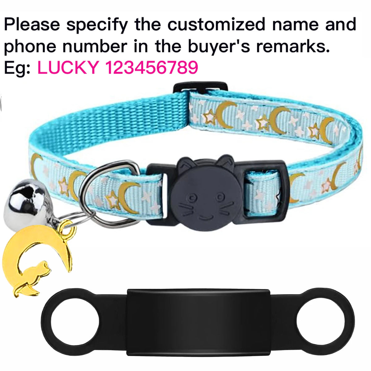 Custom Glow Cat Collar Free Engraved Anti‑Lost Pet ID Nameplate Necklace With Bell Moon Charm For Puppy Kitten Personalized Pet Safety Accessory Supply
