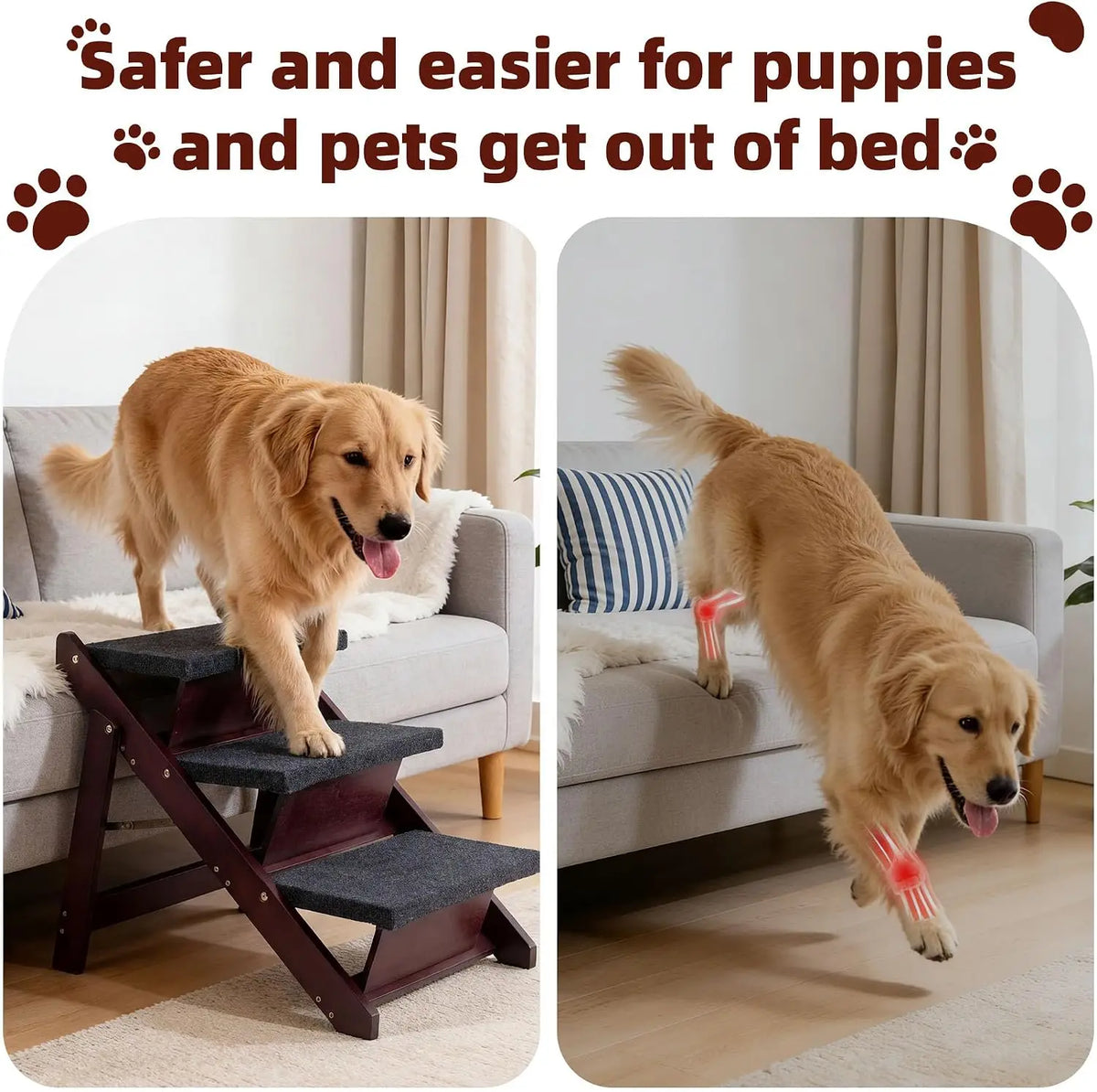 Pet Stairs/Pet Steps - 3-in-1 Foldable Stairs & Ramp for Beds and Cars - Portable Dog/Cat Ladder Up to 220 Pounds - Great for Small and Older Animals(Brown)