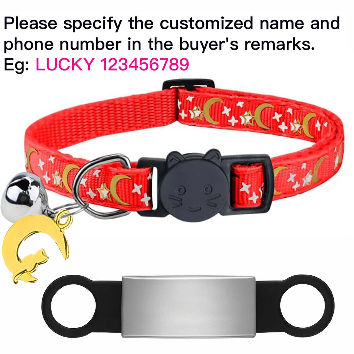 Custom Glow Cat Collar Free Engraved Anti‑Lost Pet ID Nameplate Necklace With Bell Moon Charm For Puppy Kitten Personalized Pet Safety Accessory Supply