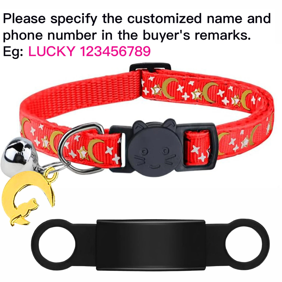 Custom Glow Cat Collar Free Engraved Anti‑Lost Pet ID Nameplate Necklace With Bell Moon Charm For Puppy Kitten Personalized Pet Safety Accessory Supply