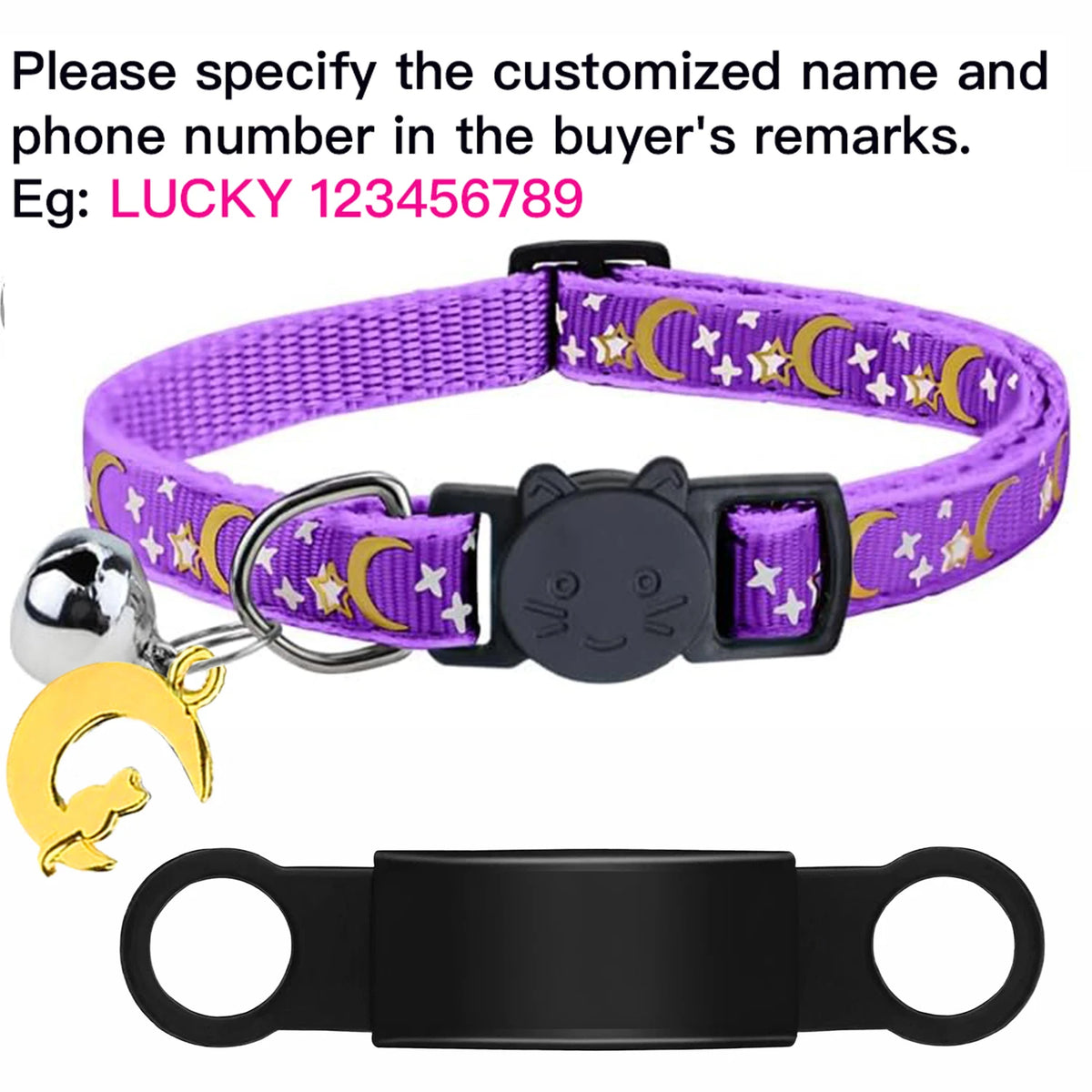 Custom Glow Cat Collar Free Engraved Anti‑Lost Pet ID Nameplate Necklace With Bell Moon Charm For Puppy Kitten Personalized Pet Safety Accessory Supply