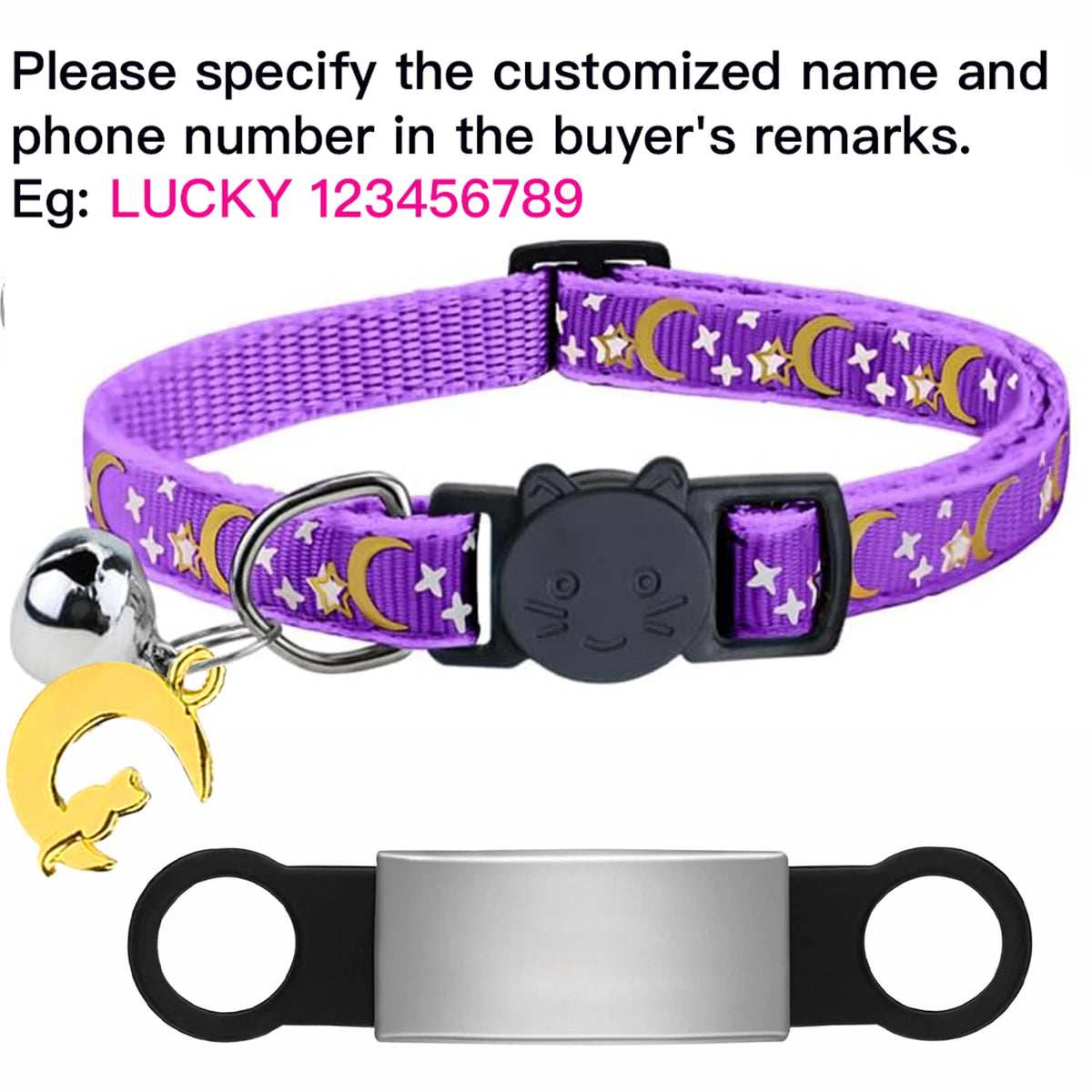 Custom Glow Cat Collar Free Engraved Anti‑Lost Pet ID Nameplate Necklace With Bell Moon Charm For Puppy Kitten Personalized Pet Safety Accessory Supply